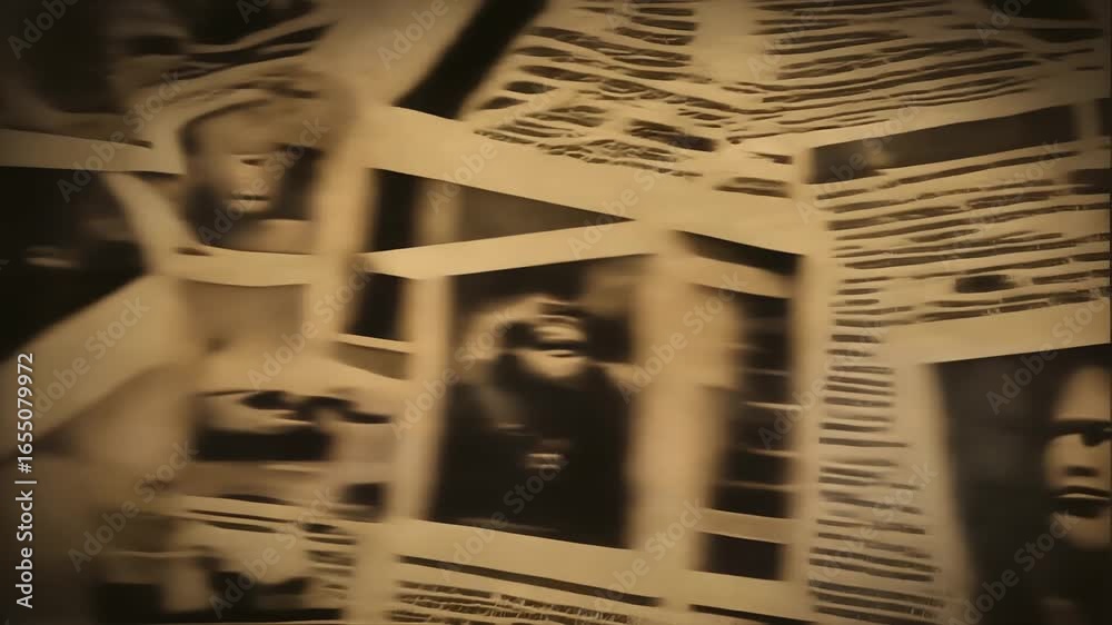 A fast-paced, chaotic montage of vintage newspaper clippings and blurry old photos, creating a mysterious sepia-toned animation suitable for a true crime documentary, thriller, or horror intro