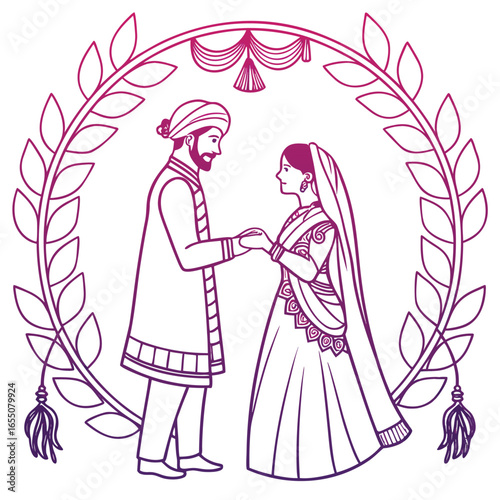 Romantic Indian Wedding Illustration of a Bride and Groom in Traditional Attire United in Love