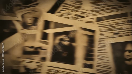 A fast-paced, chaotic montage of vintage newspaper clippings and blurry old photos, creating a mysterious sepia-toned animation suitable for a true crime documentary, thriller, or horror intro