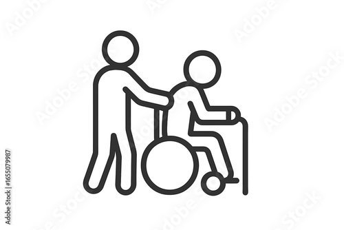 Supportive person assists individual in wheelchair on a journey outdoors under clear skies