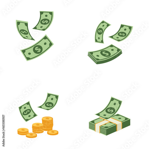 Cash money and coins floating in the air on white background