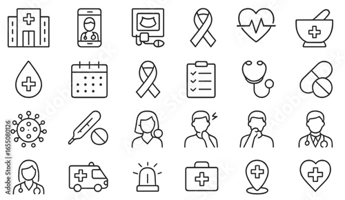 Health care icons representing medical services and wellness concepts in a modern design