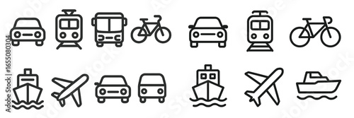 Different modes of transportation represented through simple line icons showcasing cars, bikes, trains, and boats in a clean design