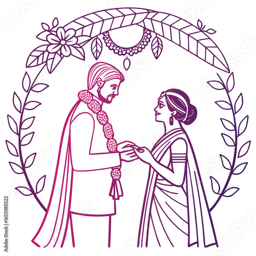Romantic Indian Wedding Illustration of a Bride and Groom in Traditional Attire United in Love