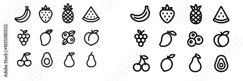 Collection of simple fruit icons arranged in rows showcasing various types of fruits
