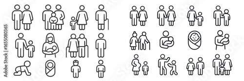 Diverse group of people illustrating family dynamics and everyday activities in a minimalistic design