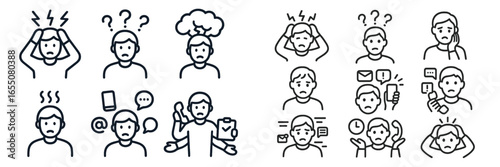 Stress and anxiety depicted through simple illustrations in various scenarios illustrating overwhelming feelings and communication