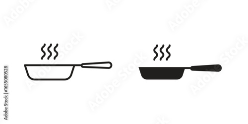 Two frying pan icons: one line art, one solid black. Both show steam, indicating cooking. Isolated on white.