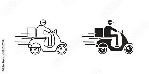 Illustration of a delivery person riding a scooter with packages, fast delivery concept. Isolated on white.
