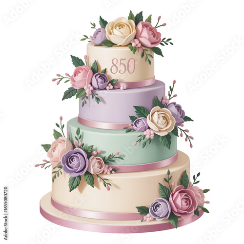 wedding cake with flowers and ribbon isolated on white background
