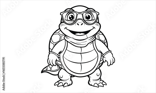 Turtle with glasses in front of studio close up t shirt design silhouette and vector line art, Detailed Line Art Design, Perfect for Relaxation, Adult Coloring Books.