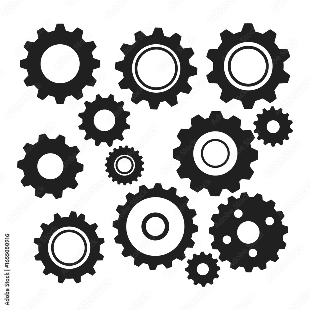 Black gear icons on a white background in various sizes and arrangements Black gear icons on a white background in various sizes and arrangements