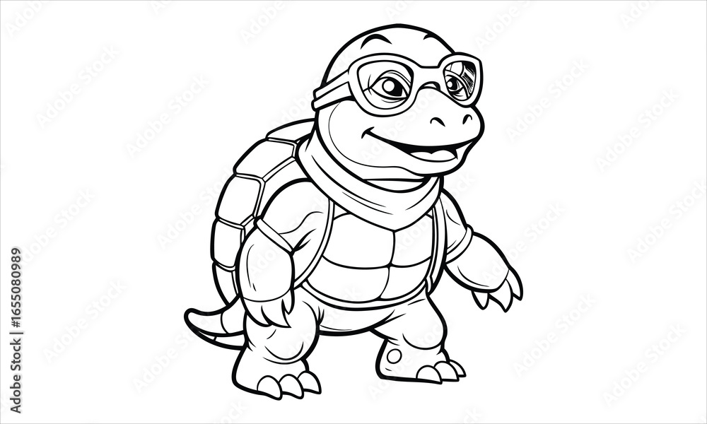 Obraz premium Turtle with glasses in front of studio close up t shirt design silhouette and vector line art, Detailed Line Art Design, Perfect for Relaxation, Adult Coloring Books.