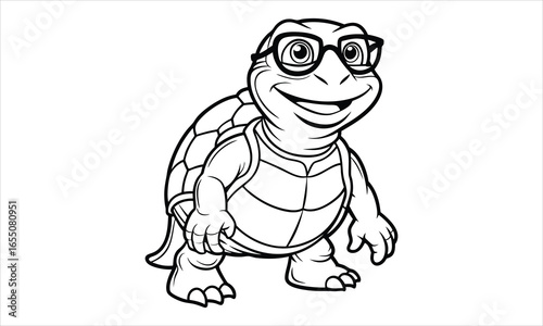 Turtle with glasses in front of studio close up t shirt design silhouette and vector line art, Detailed Line Art Design, Perfect for Relaxation, Adult Coloring Books.