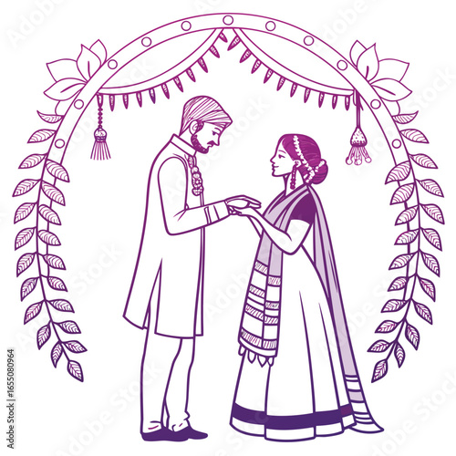 Romantic Indian Wedding Illustration of a Bride and Groom in Traditional Attire United in Love