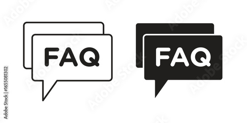 Two FAQ icons, one black and one outline, in speech bubble shapes, isolated on white.