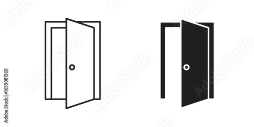 Two simple open door icons: one line art, one solid black. Isolated on white.