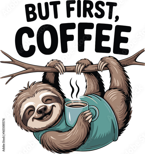 Cartoon sloth hanging from branch holding coffee cup with steam vector