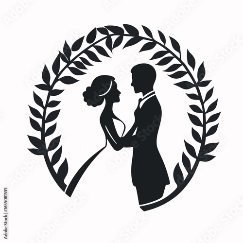 Elegant Wedding Silhouette Framed by Laurel Wreath A Symbol of Love and Commitment for Invitations and Designs