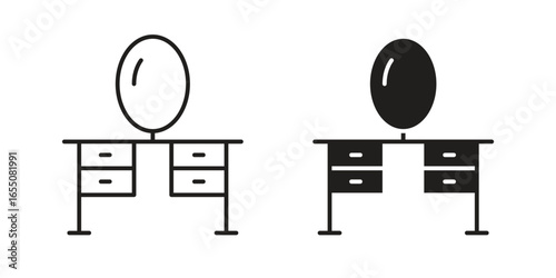 Line art icons of a vanity table with a mirror. Two variations: black and white. Perfect for beauty, fashion, or home decor.