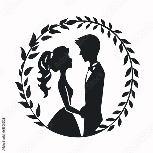 Elegant Wedding Silhouette Framed by Laurel Wreath A Symbol of Love and Commitment for Invitations and Designs