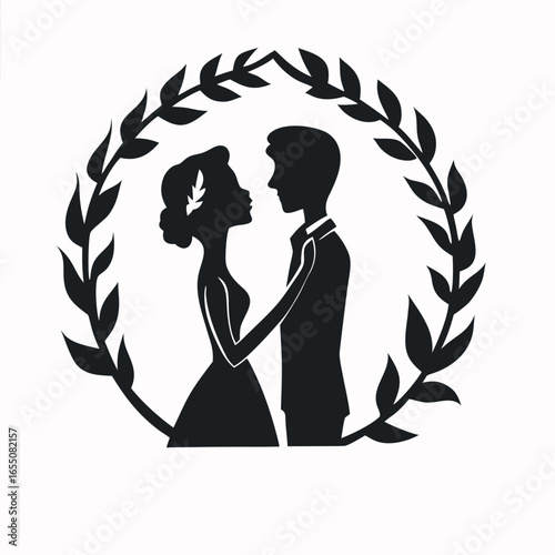 Elegant Wedding Silhouette Framed by Laurel Wreath A Symbol of Love and Commitment for Invitations and Designs