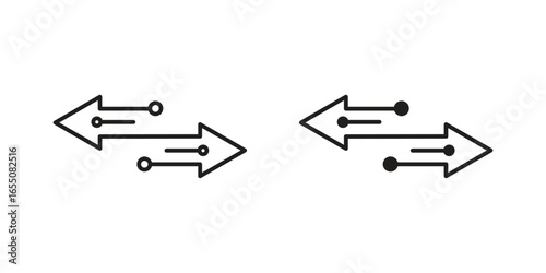 Two arrows with connecting lines and circles, symbolizing data transfer or bidirectional flow. Isolated on white.