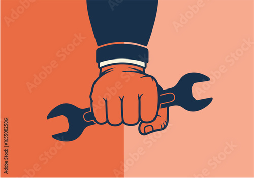 Close-up of a professional hand in a business suit holding a wrench. Concept of skilled labor, corporate service, and technical solutions.