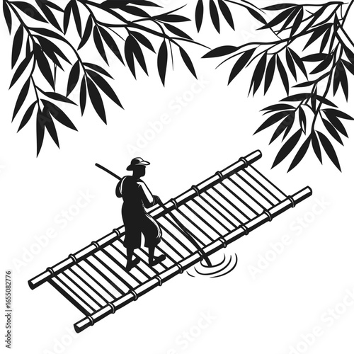 Bamboo raft on river silhouette