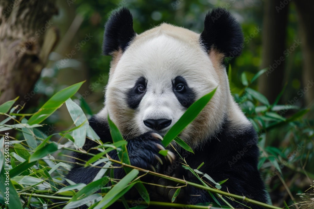 Naklejka premium Giant panda enjoying a meal of fresh bamboo in a vibrant green forest