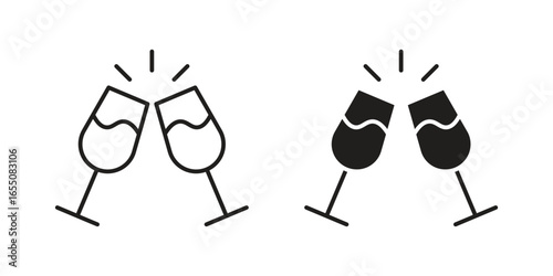 Two wine glasses clinking in a celebratory toast, simple line art and solid icon styles. Isolated on white.
