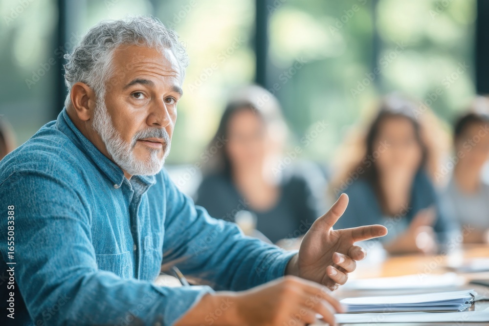 Obraz premium Middle-aged Hispanic male community organizer leads discussion at town hall meeting with engaged residents