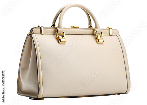 Close up of a cream colored handbag with gold accents on a black background