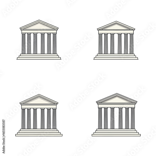 Four ancient greek or roman style buildings with columns