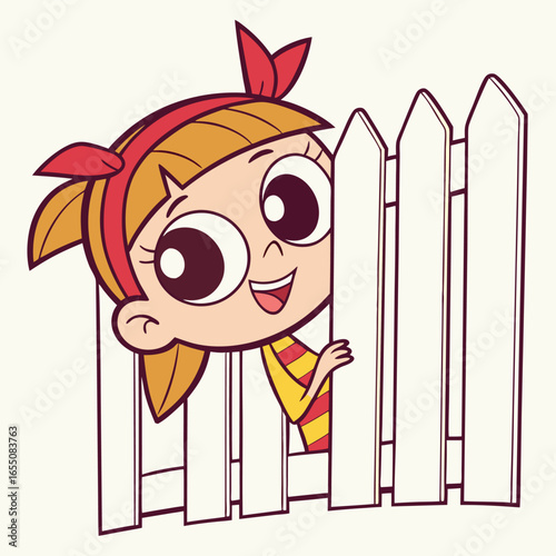 Vector illustration of a kawaii-style child peeking out from behind a barrier, combining innocence and humor in a clean, flat design