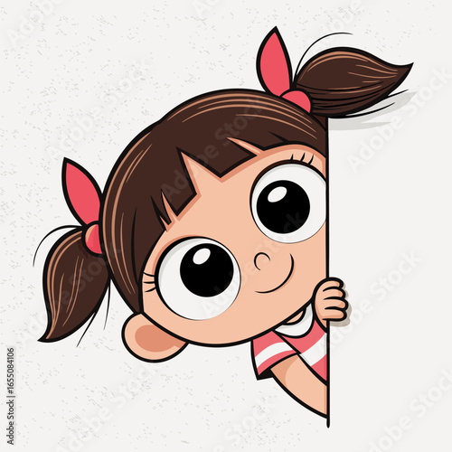 Whimsical cartoon illustration of a curious toddler girl hiding and looking out, designed in modern sticker format for apps and digital communication