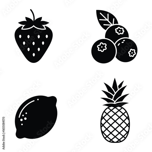 A set of four fruit icons in black and white