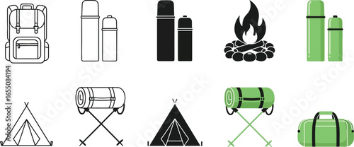 Essential camping gear collection modern icons for outdoor adventure