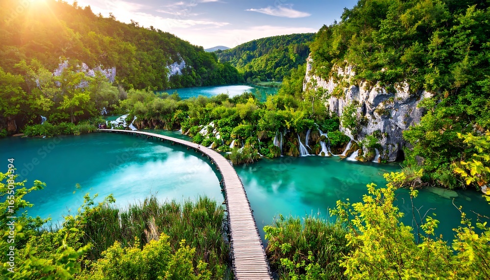 Fototapeta premium Scenic lakeside walkway in a lush valley