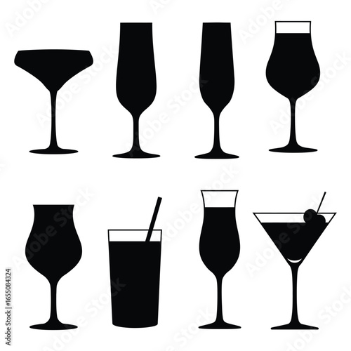 Silhouettes of various cocktail and drink glasses on white background