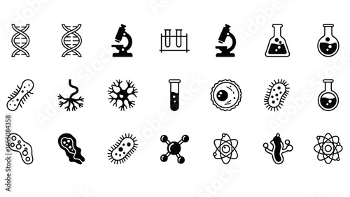 Science and Biology Vector Icon Set – DNA, Bacteria, Virus, Molecules, Microscope, Laboratory, and Research Symbols