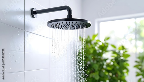 Modern black shower head with water streams in a bathroom.