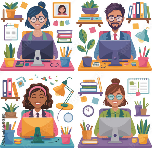 Diverse people working at desks with computers and office supplies woman