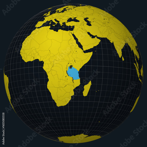 United Republic of Tanzania on Globe. Country view on the world map in Charcoal Bright Yellow color palette. Tanzania shape on map. Globe with meridians, parallels, countries, rivers and lakes.