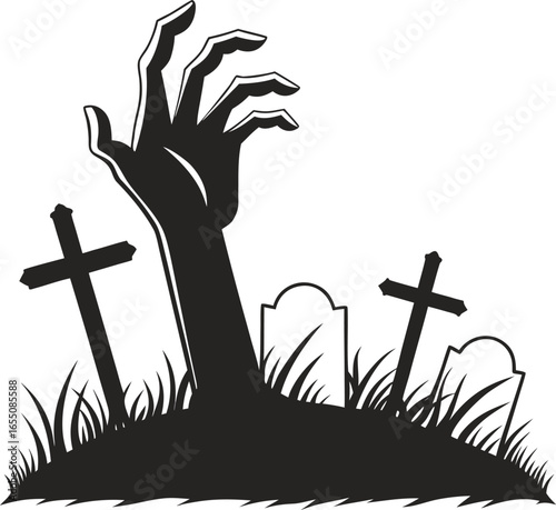 Vector art of zombie hand rising from the grave with tombstones and crosses in a graveyard