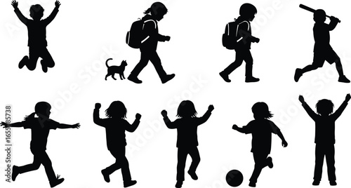 Children silhouette grid, nine playful poses, jumping, running, walking, backpack, ball, bat, black vector PNG, kids clipart