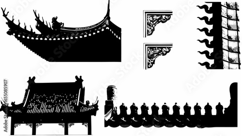 Illustration showcasing various architectural elements of traditional asian buildings in black and white style silhouette