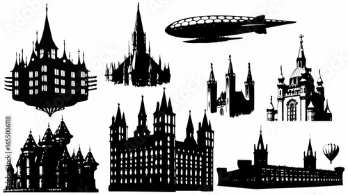 Silhouette illustration of fantasy castles, towers, and an airship against a white background sky scape
