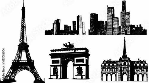 Silhouette depiction of eiffel tower, arc de triomphe, building and cityscape on a white backdrop