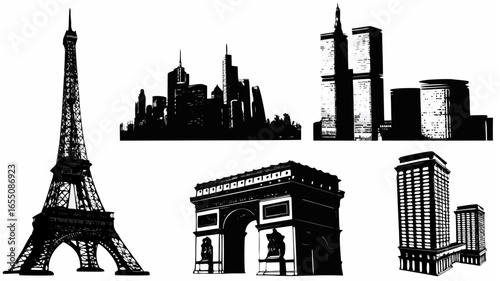 Silhouette illustration showing eiffel tower, cityscape, arc de triomphe and tall buildings in black and white